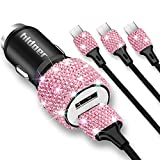 Bling Bling USB Car Charger 5V/2.4A Pink Crystal Decoration Dual Port Fast Adapter with 3.9ft Nylon Type C/Micro USB Charging Cable for Android, Car Interior Accessories for Women