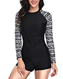 Daci Women Black Two Piece Rash Guard Long Sleeve Swimsuits UV UPF 50+ Swim Shirt Bathing Suit with Boyshort Bottom M