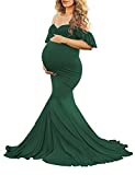 Saslax Off Shoulder Ruffle Sleeves Elegant Fitted Maxi Maternity Dress for Photoshoot Baby Shower, Dark Green Large