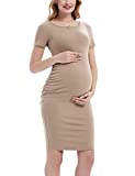 DEBELLY Maternity Summer Dress Henley Neck with Buttons Pregnancy Ribbed Dresses Comfy Mama Dess Lightweight Maternity Midi Dress Short Sleeve for Baby Shower,Khaki,M