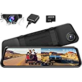 AZDOME 12" Mirror Dash Cam Backup Camera, 1080P Full HD Smart Rearview Mirror for Cars & Trucks, 1080P Front and Rear View Dual Cameras, Night Vision, Parking Assistance, Free 32GB Card & GPS