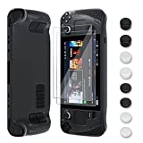 GLDRAM Case Kit for Steam Deck, Soft Silicone Cover Shock Absorption, Anti-Scratch, Ergonomic Grip Case for Steam Deck, Black Skin with 2Screen Protector,8 Thumb Caps, Full Protection Game Accessories