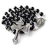 HanlinCC 8mm Black Agate Natural Stone Beads Large Rosary with Caps for Glory Beads with Miraculous Medal and Pardon Crucifix