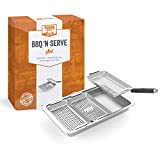 Yukon Glory BBQ 'N SERVE Grill Basket Set - Includes 3 Grilling Baskets a Serving Tray & Clip-on Handle - Patent Pending Grill to Table Design Perfect For Grilling Fish Veggies & Meats
