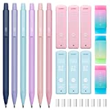 6PCS Colored Mechanical Pencil Set, 3PCS Pastel Mechanical Pencils 0.5mm & 0.7mm with 6 Tubes HB Resin Leads, 3PCS Erasers and 9PCS Cap Eraser Refills, Cute Mechanical Pencils for Kids Girls Writing