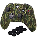 YoRHa Water Transfer Printing Camouflage Silicone Cover Skin Case for Microsoft Xbox One X & Xbox One S Controller x 1(Forest) with PRO Thumb Grips x 8