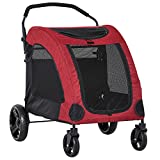 PawHut Pet Stroller Universal Wheel with Storage Basket Ventilated Foldable Oxford Fabric for Medium Size Dogs, Red