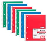 Mead 75698 Spiral Notebook, Wide Ruled, 3 Subject, 120 Sheets, 10.5" x 8", Assorted Colors, 6 Pack