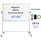 Magnetic Mobile White Board with Stand, Rolling Double Sided Dry Erase Board on Wheels,60 x 36 Inches, Large Writing Standing Whiteboard Easel Easy Flip with 1 Eraser 4 Markers10 Magnets