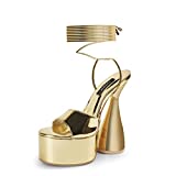 ISNOM Gold Platform Heels Sandals for Women, Sexy Stripper Heel Womens Chunky Block Heel Lace Up Peep Toe Heeled Sandals Shoes for Female Ladies