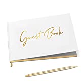 Merry Expressions Gold Guest Book & Pen  9"x7" Hardcover White Polaroid Book 100 Page/50 Sheets  Foil Gilded Edges for Guests & Visitors to Sign at a Wedding, Party, Baby or Bridal Shower