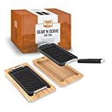 Yukon Glory BBQ Cast Iron Grill Pan Set Includes 2 Grill Pans - Wooden Serving Boards - Clip on Handle - The Sear 'N Serve Grill Basket Set, Perfect Grill Accessories For Steak, Seafood & Veggies