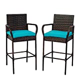 Sundale Outdoor Bar Stools Set of 2, 2 Piece Wicker Bar Stools Rattan Chairs, Patio Bar Chair with Arms, Cushion Blue, All-Weather Wicker Patio Furniture - Steel, Brown