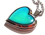 Glitter Heart Locket Mood Pendant on Silvertone Chain Necklace Color-Changing thermochromic