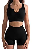 Ribbed Seamless Booty Shorts Workout sets for Women Stretchy Sport Bra Yoga Leggings Matching Workout Set ,black, S