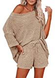 Mafulus Women's 2 Piece Outfits Sweater Set Off Shoulder Knit Top + Drawstring Waist Short Suits Casual Cute Sets