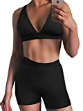 Women's Workout Outfit 2 Pieces Workout Shorts Set Ribbed Crop Tank High Waist Yoga Sets Short Black Small