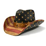 FLUFFY SENSE. Vintage USA American Flag Cowboy Hat Classic Western Style Tea Stained Patriotic Unisex Cowboy Cowgirl Hat with Shapable Brim, Vintage Classic
