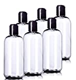 Aromine 8oz Plastic Bottles with Cap (6 Pack) BPA-Free Squeeze Clear Containers with Disc Cap, Labels Included. Travel Bottles for Toiletries and Shampoo Bottles