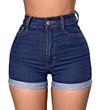 Romastory Women's High Waisted Elastic Jeans Shorts Folded Hem Hot Denim Shorts for Women (X-Large, Deepblue)