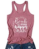 Beach Tank Top Women The Beach is My Happy Place Sleeveless Shirt Casual Summer Vacation Tees Top Pink