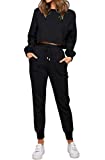 ZESICA Women's Long Sleeve Crop Top and Pants Pajama Sets 2 Piece Jogger Long Sleepwear Loungewear Pjs Sets Black