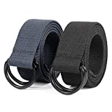 2 Pack Men Black Canvas Belt, JASGOOD Webbing Cloth D Ring Buckle Belt Extra Long with Metal Tip for Pants (Black/Gray,Fit Waist Size 34-39 inch)