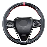 Carkooler DIY Stitching Carbon Fiber Steering Wheel Cover for Toyota RAV4 SUV Avalon 2019-2021 / for Toyota Camry 2018-2021 / for Corolla 2020 2021 15 inches Black Leather Interior Accessories