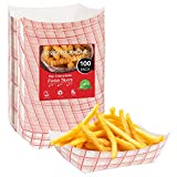 Paper Food Boats (100 Pack) Disposable Red and White Checkered Paper Food Trays - Eco Friendly Red Paper Food Trays 2 Lb  Serving Boat for Concession Food and Condiments, Paper Food Tray 4.5" x 2.75"