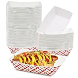 [250 Pack] 2 lb Heavy Duty Disposable Red Check Paper Food Trays Grease Resistant Fast Food Paperboard Boat Basket for Parties Fairs Picnics Carnivals, Holds Tacos Nachos Fries Hot Corn Dogs