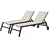 Topeakmart Patio Lounge Chair Set of 2, Outdoor Lounger with Wheels, All Weather 5-Position Adjustable Reclining Chair for Pool Yard Deck Beach Beige