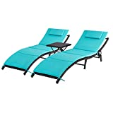 GUNJI Chaise Lounge Chairs for Outside 3 Pieces Patio Adjustable Lounge Chairs Set of 2 with Table Outdoor Rattan Wicker Pool Chaise Lounge Chairs Cushioned Poolside Folding Chaise Lounge Set (Blue)