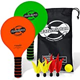 Jazzminton Paddle Ball Game with Carry Bag - Indoor Outdoor Toy - Play at The Beach, Lawn or Backyard - 2 Wooden Racquets - 4 Shuttlecocks - 1 Ball