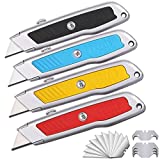 ENTAI 4-Pack Utility Knife, Retractable Box Cutter for Cardboard, Boxes and Cartons, Solid Aluminum Shell with Non-slip Rubbery Handle, with Extra 14pc SK5 Blades