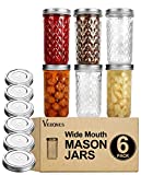 Wide Mouth Mason Jars 22 oz, VERONES 22 OZ Mason Jars Canning Jars Jelly Jars With Wide Mouth Lids, Ideal for Jam, Honey, Wedding Favors, Shower Favors, 6 PACK,EXTRA 6 Lids with Straw Hole