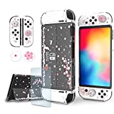 Switch OLED Protective Case, Switch OLED Clear Case with Tempered Glass Screen Protector and Thumb Grips - Cherry Blossom