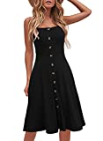 Berydress Women's Chic Black Summer Dresses Spaghetti Strap Flared A-Line Button Down Casual Dress (M, 6046-Black)