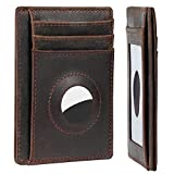 Hawanik Slim Wallet for AirTag Genuine Leahter Front Pocket Minimalist Card Holder Compatible with AirTag Crazy Horse Leather Upgraded Version