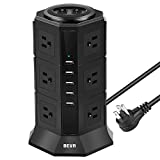 Power Strip Tower-BEVA Flat Plug Surge Protector 12 AC Outlets 5 USB Ports Desktop Charging Station, 1050 Joules, 15A/1875W, Multi Protection, 6ft Long Cord Extension Cable for Home Office, ETL Listed