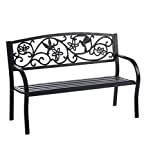 Plow & Hearth Black Metal Hummingbird Garden Bench for Patio, Yard and Garden with Detailed Decorative Back Design Featuring Birds, Vines and Flowers, 50" W x 19"D x 34"H