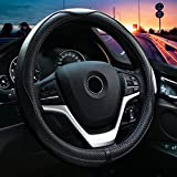Valleycomfy Steering Wheel Covers Universal 15 inch - Genuine Leather, Breathable, Anti Slip & Odor Free (Black with Black Lines, M(14" 1/2-15" 1/4))