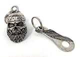 Old School Biker Skull Bell with Skull Wing Bell Hanger - Motorcycle Biker Bell Accessory or Key Chain for Luck