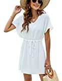Bluetime Women Flowy Sexy Beach Coverup Dress Loose Mini Swimsuit Cover up Summer Vacation Beach Dress with Sleeves (S, White)