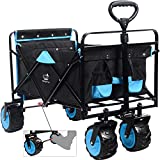 Collapsible Heavy Duty Folding Wagon Cart Utility Wagon All Terrain Beach Wheels Adjustable Handle Large Capacity Rolling Buggies Outdoor Garden cart for Beach Camping Shopping Sports (Black & Blue)