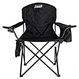 Coleman Camp Chair with 4-Can Cooler | Folding Beach Chair with Built In Drinks Cooler | Portable Quad Chair with Armrest Cooler for Tailgating, Camping & Outdoors , Black, Roomy seat: 24"