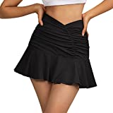 RUUHEE Women Girls Crossover Y2K Ruched Ruffle Pleated Tennis Skirt with Pocket Golf Running Mini Skirt(Small,Black-4)