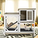 Indoor Outdoor Rabbit Hutch, Bunny Cage on Wheels with 2 Deep No Leakage Pull Out Trays (Without Bottom Wire Mesh)