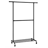 SONGMICS Industrial Style Clothes Garment Rack on Wheels, Double Hanging Rod Metal Clothing Rack, Heavy Duty Commercial Display, Black UHSR62BK