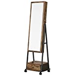 SONGMICS Jewelry Cabinet Floor Standing, Lockable Jewelry Organizer with High Full-Length Mirror, Bottom Drawer, Shelf, Wheels, Rustic Brown and Black UJJC004X01