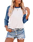 Bingerlily Women's Casual T-Shirts 3/4 Sleeve Color Block Cute Tops Comfy Blouses (Blue, X-Large)